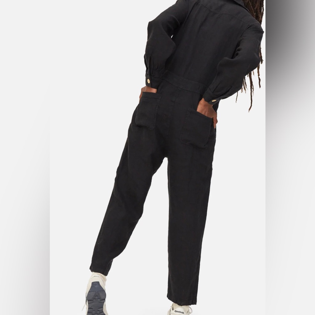 $248 Mate The Label 100% Organic Linen Black Long Sleeve Jumpsuit Small Natural — image 3 of 8